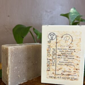 Goat milk and honey soap with packaging.