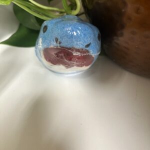 Blue ceramic shark ornament beside plant pot.